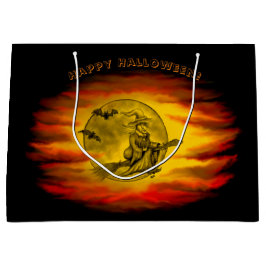 Sacola Para Presentes Grande bruxa voadora com gato preto, noite de halloween