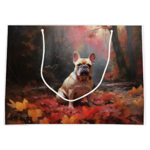 Sacola Para Presentes Grande Buldogue francês no outono deixa cair inspiração