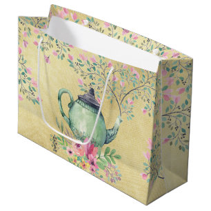 Sacola Para Presentes Grande Bule elegante e flores da aguarela Dourados