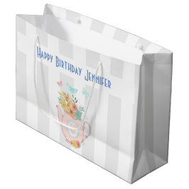 Sacola Para Presentes Grande Bule rosa com flores e borboletas Aniversário