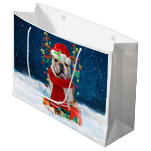 Sacola Para Presentes Grande Bulldog Inglês em Neve com Presentes de Natal
