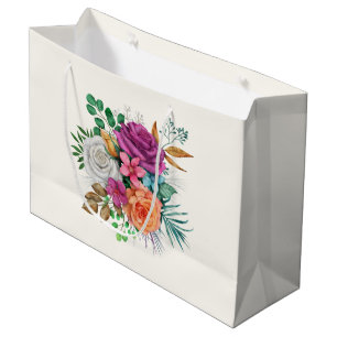 Sacola Para Presentes Grande Buquê Floral Rosa, Laranja e Rosas Brancas