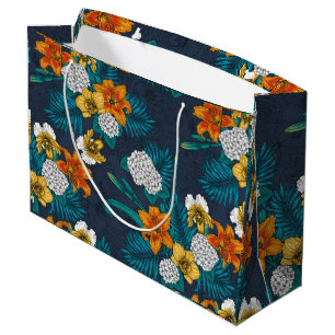 Sacola Para Presentes Grande Buquê tropical em azul