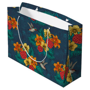 Sacola Para Presentes Grande Buquês tropicais e beija-flores