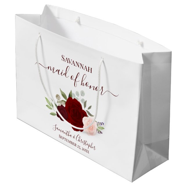 Sacola Para Presentes Grande Burgundy Blush Boho Roses Wedding Maid of Honor (Verso inclinado)