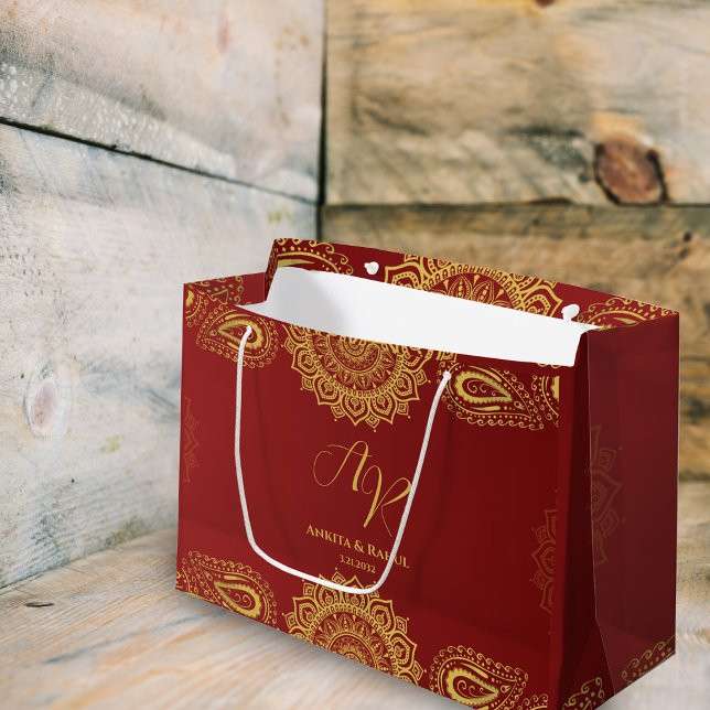 Sacola Para Presentes Grande Burgundy e Dourado com o casamento índio de Mandal (Burgundy & Gold with Mandala Design Indian Wedding Large Gift Bag)