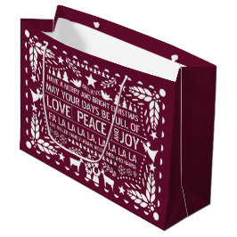Sacola Para Presentes Grande Burgundy Love Peace Joy papel picado Natal