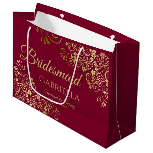 Sacola Para Presentes Grande Burgundy Maroon e Dourada Lace Elegante Bridesmaid