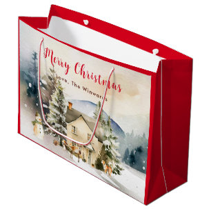 Sacola Para Presentes Grande Cabana de Férias de Inverno Feliz Natal