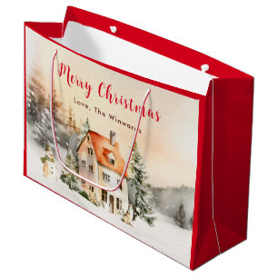 Sacola Para Presentes Grande Cabana de Férias de Inverno Feliz Natal