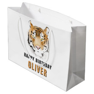 Sacola Para Presentes Grande Cabeça de Tigre Aquarela Animal Feliz Aniversário