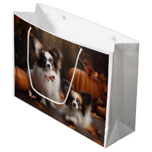 Sacola Para Presentes Grande Cachorrinho Papillon Delícia de Outono Abóbora
