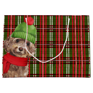 Sacola Para Presentes Grande Cachorro Brown Cockapoo no Natal da Xadrez