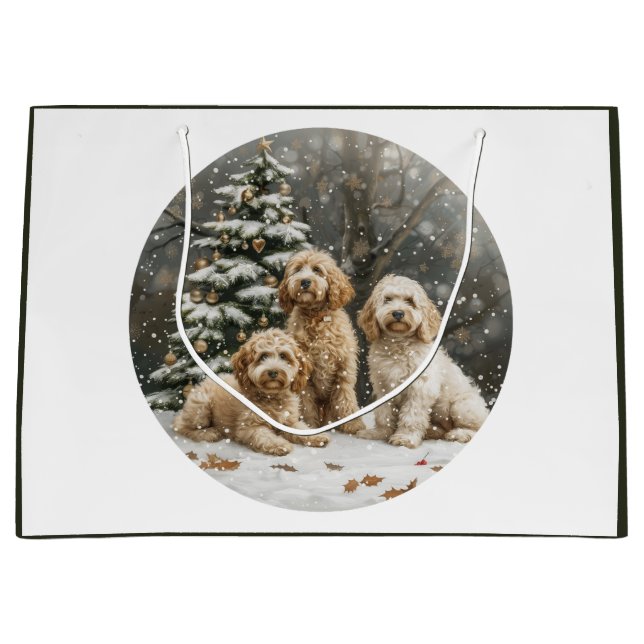 Sacola Para Presentes Grande Cachorro de Goldendoodle de Natal (Frente)