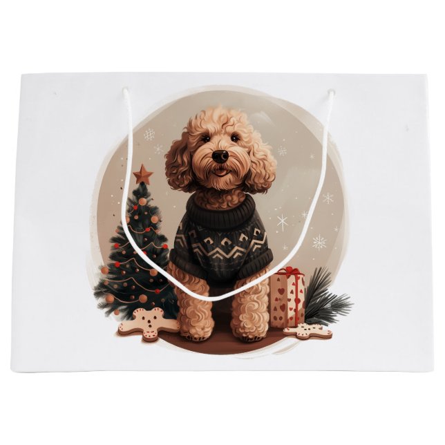 Sacola Para Presentes Grande Cachorro de Goldendoodle de Natal (Frente)