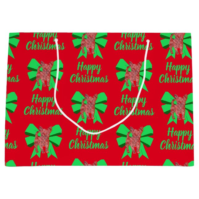 Sacola Para Presentes Grande Cachorro de Natal Chihuahua e Arco Verde Grande Sa (Frente)