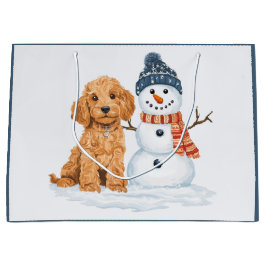 Sacola Para Presentes Grande Cachorro Goldendoodle de Inverno Boneco de Neve Fo