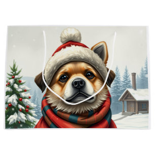 Sacola Para Presentes Grande Cachorro legal no inverno de pré-disquete e chapéu