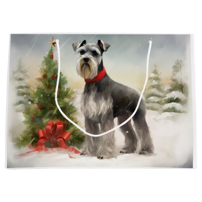 Sacola Para Presentes Grande Cachorro Schnauzer no Natal da Neve (Frente)