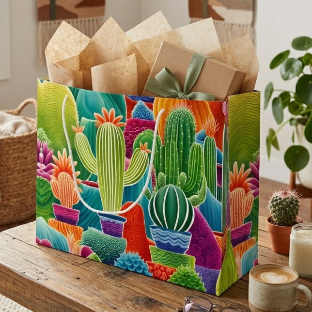 Sacola Para Presentes Grande Cactos em Vasos Abstratos (Criador carregado)