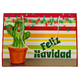 Sacola Para Presentes Grande Cactus e Luzes de Férias Feliz Navidad