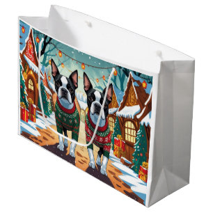 Sacola Para Presentes Grande Cães Boston Terrier Natal Neve Férias
