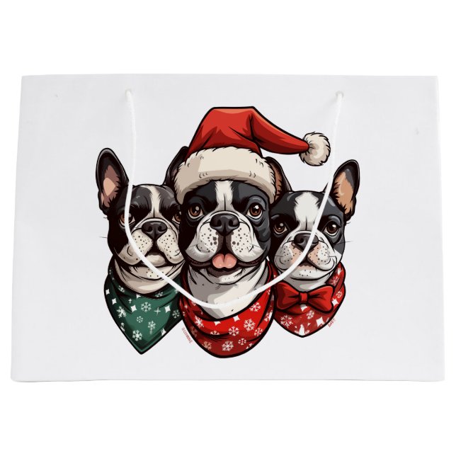 Sacola Para Presentes Grande Cães Boston Terrier no Natal (Frente)