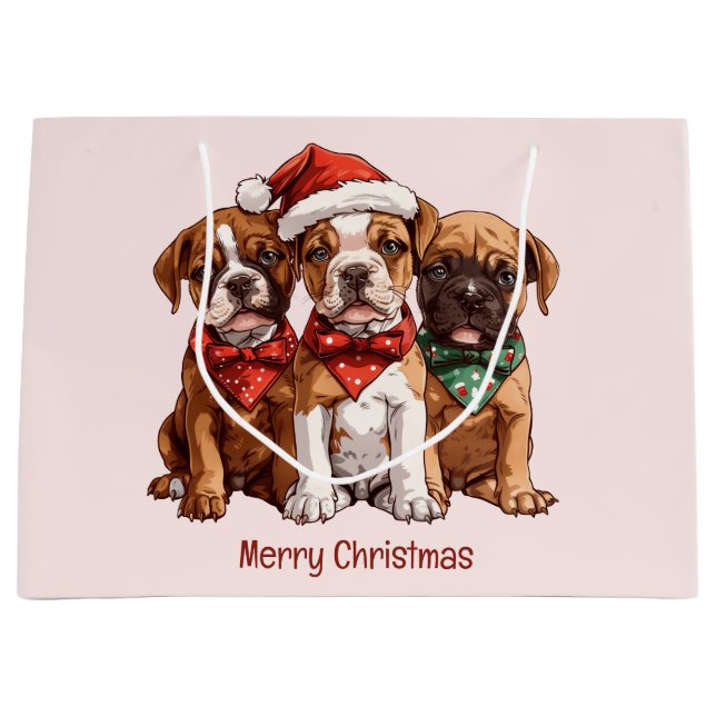 Sacola Para Presentes Grande Cães Boxer Feliz de Natal (Frente)