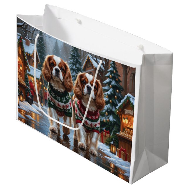Sacola Para Presentes Grande Cães Cavalier King Charles Spaniel Natal Neve  (Frente inclinada)