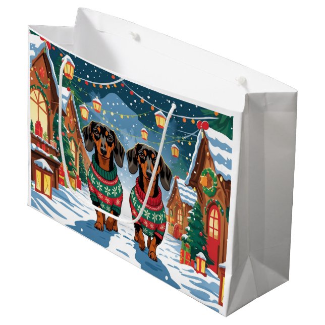 Sacola Para Presentes Grande Cães Dachshund Natal Neve Férias (Frente inclinada)