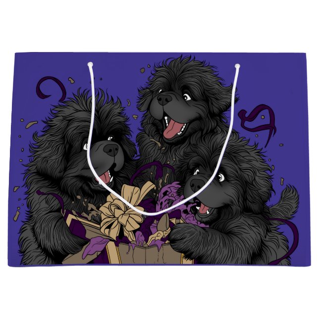 Sacola Para Presentes Grande Cães de cachorrinho da Terra Nova abrindo presente (Frente)