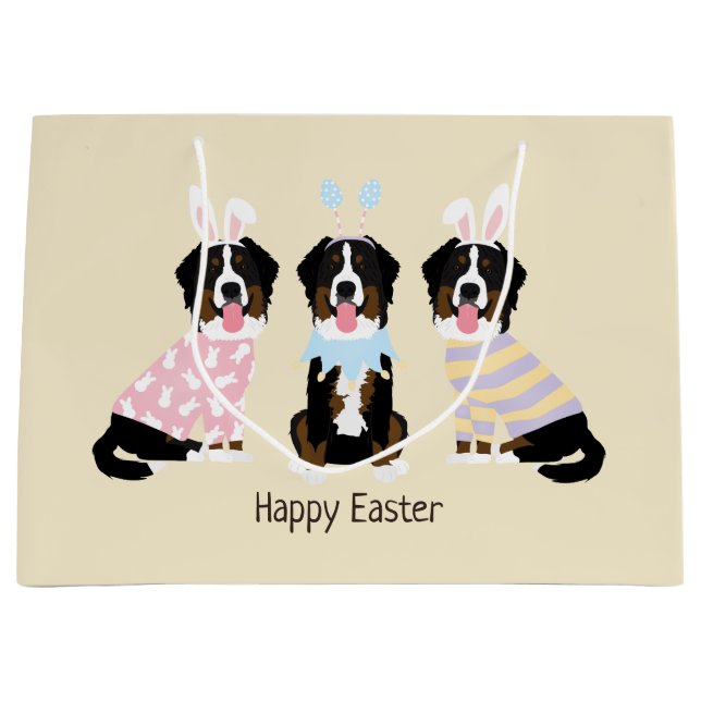 Sacola Para Presentes Grande Cães de Montanha felz pascoa Bernese (Frente)