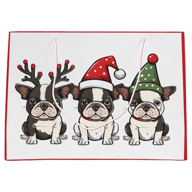 Sacola Para Presentes Grande Cães de Natal em Boston Terrier (Frente)