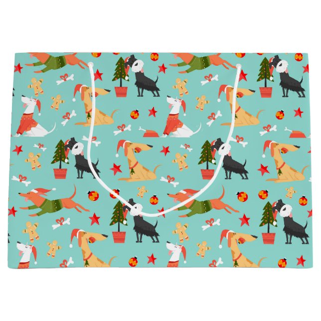 Sacola Para Presentes Grande Cães de Natal Festivo (Frente)