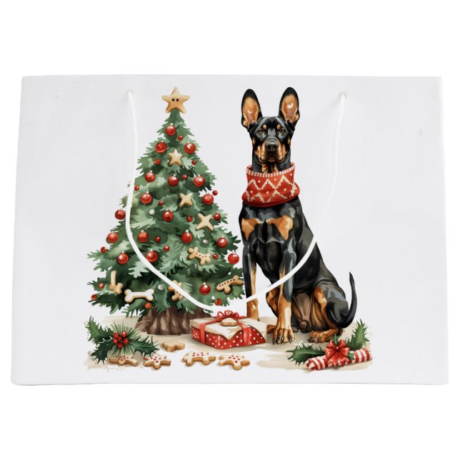 Sacola Para Presentes Grande Cães Dobermann de Natal (Frente)