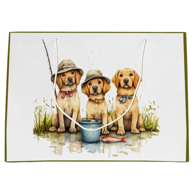 Sacola Para Presentes Grande Cães Labrador Retriever Pescando (Frente)