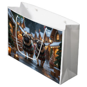 Sacola Para Presentes Grande Cães Pug Natal Neve Feriado