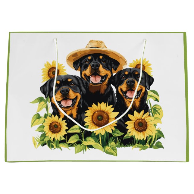 Sacola Para Presentes Grande Cães Rottweiler Cercados Por Girassóis (Frente)