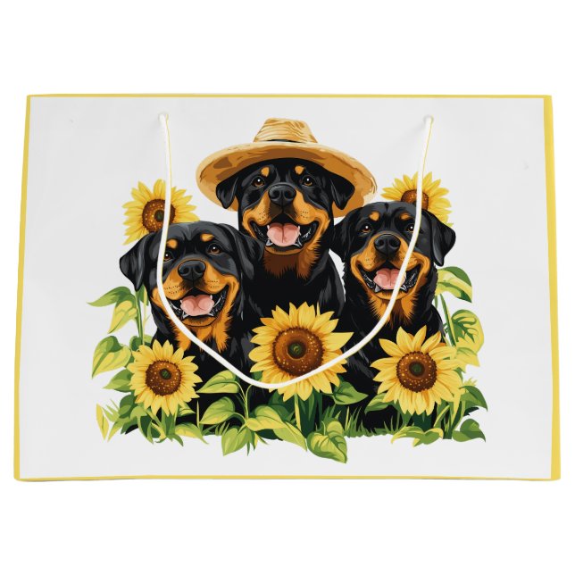 Sacola Para Presentes Grande Cães Rottweiler Cercados Por Girassóis (Frente)