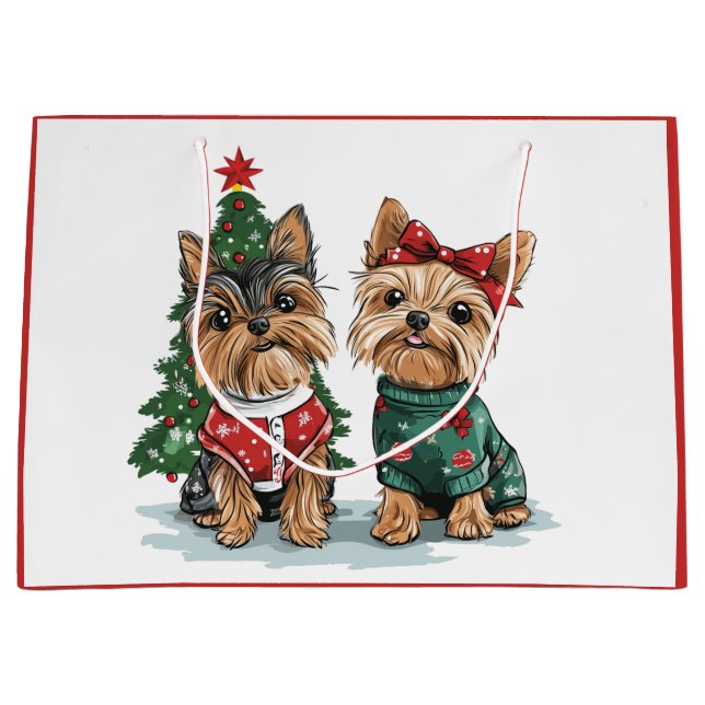Sacola Para Presentes Grande Cães Yorkie de Natal (Frente)