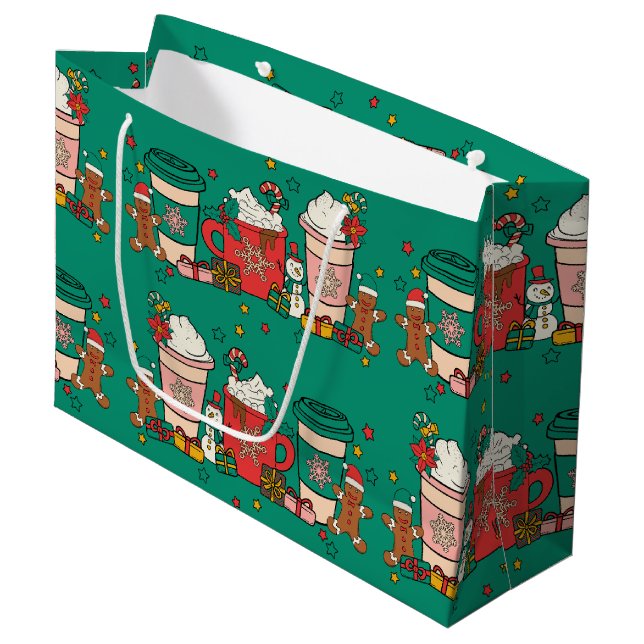 Sacola Para Presentes Grande Café de Natal - Grande Saco de Presente Verde (Frente inclinada)