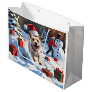 Sacola Para Presentes Grande Cairn Terrier Correndo na Neve com Chapéu de Natal