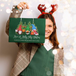 Sacola Para Presentes Grande Caligrafia divertida Holly Jolly Natal Gnomos Verd