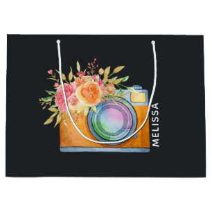 Sacola Para Presentes Grande Câmera Laranja Boho e Buquê Floral Aquarela