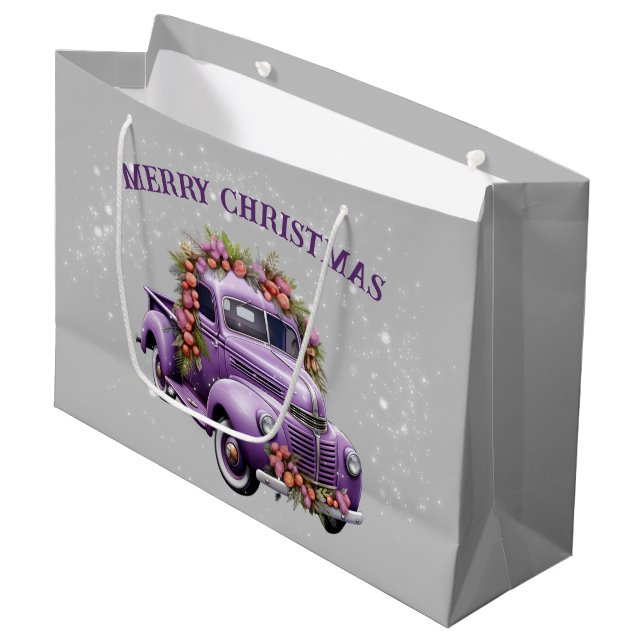 Sacola Para Presentes Grande Caminhão roxo nostálgico para o Natal (Frente inclinada)