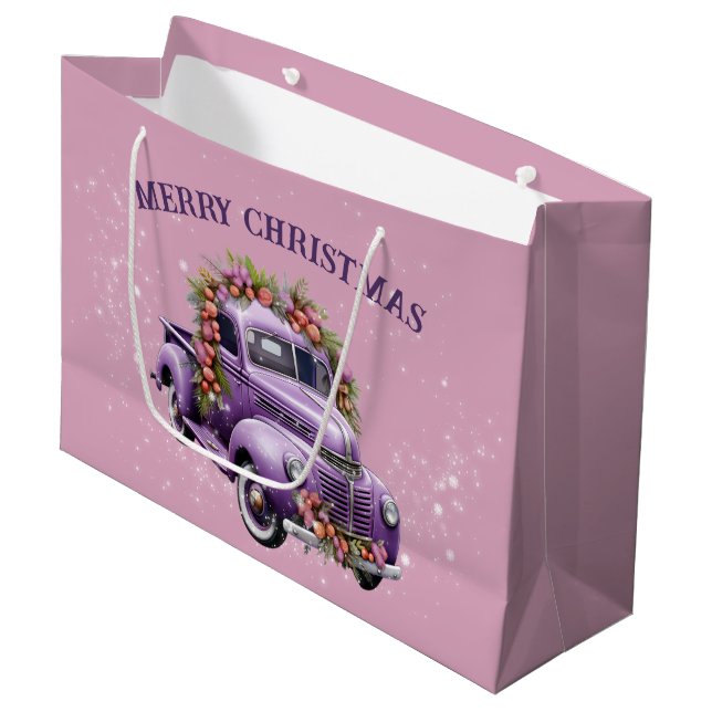Sacola Para Presentes Grande Caminhão roxo nostálgico para o Natal (Frente inclinada)