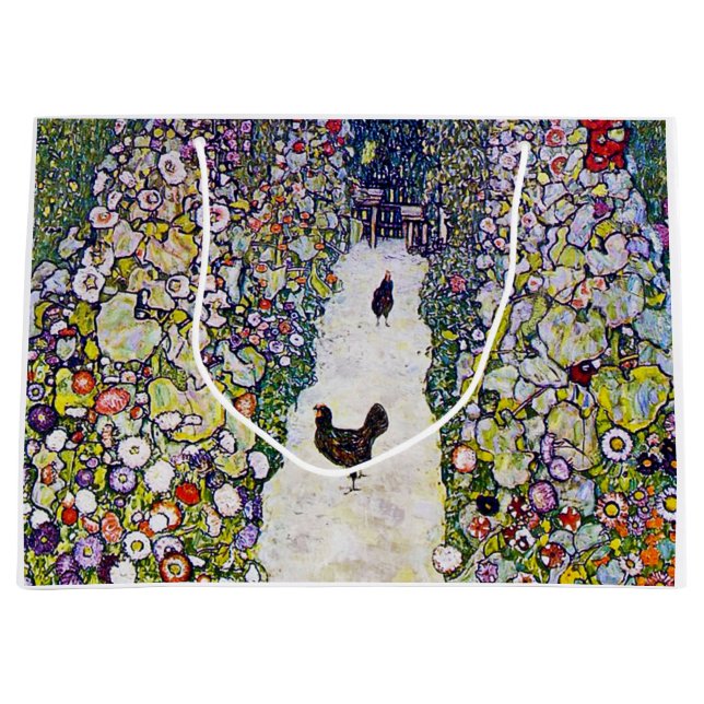 Sacola Para Presentes Grande Caminho do Jardim com Galinhas, Gustav Klimt (Frente)