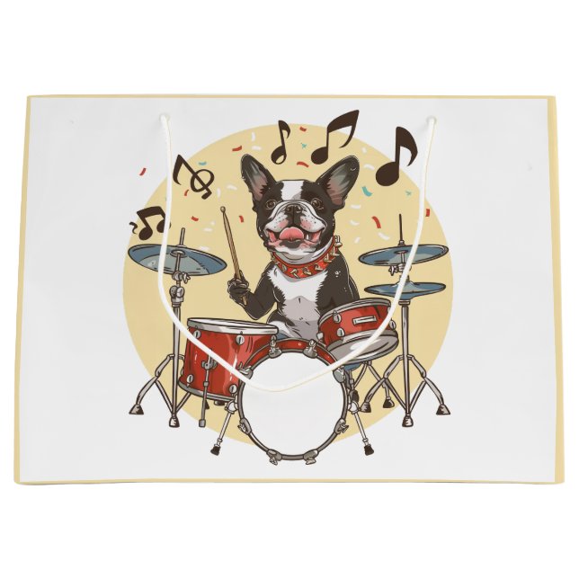 Sacola Para Presentes Grande Cão Boston Terrier Tocando Bateria (Frente)