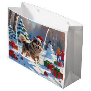 Sacola Para Presentes Grande Cão Finlandês da Lapônia Correndo na Neve com Chap