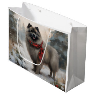 Sacola Para Presentes Grande Cão Keeshond na Neve Natal